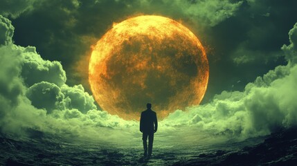 Poster - A man is walking on a rocky surface in front of a large, glowing yellow sun