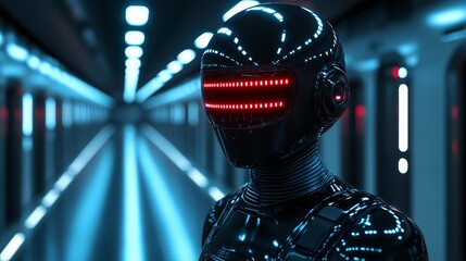 A robot with red lights on its head stands in a long hallway
