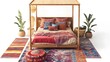 © Ziyan - 3D Render of a bohemian bedroom with a canopy bed, colorful rugs, floor plan, on isolated white background