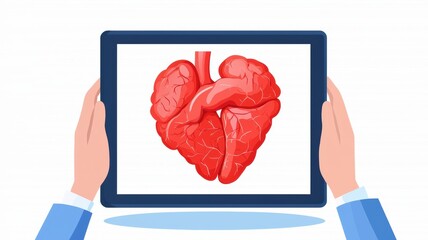 Poster - Hands Holding Tablet Displaying Colorful Heart Structure in Modern Digital Environment