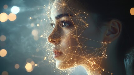 Aufkleber - Abstract concept of a woman with a network of light connections, depicting themes of connectivity, neural networks, and the complexity of the human mind, HD image