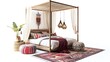 © Ziyan - 3D Render of a bohemian bedroom with a canopy bed, colorful rugs, floor plan, on isolated white background