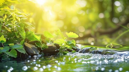 Beautiful spring detailed close up stream of fresh water with young green plants. Horizontal banner, springtime concept. Abstract outdoor wild nature background. technology