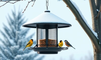 Winter birds at feeder: snowy scene with colorful birds and snowflakes