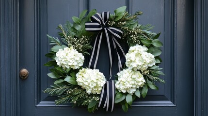 Wall Mural - Beautiful floral wreath with white hydrangeas and greenery on a dark blue door