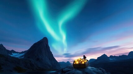 Wall Mural - A serene landscape under the northern lights with a glowing basket.