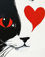 Fototapete - A black and white illustration of a cat with a red heart next to its eye. Valentines Day background