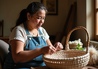 hispanic woman weaves basket esparto fibers traditional manual work preserving cultural