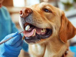 labrador dog receives dental checkup at veterinary clinic