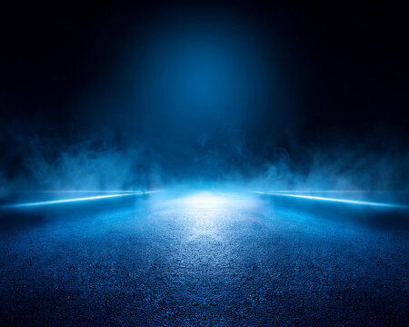 A studio area with neon lights, spotlights, and smoke creates an interior texture for product displays against the backdrop of a dark, deserted street with abstract blue asphalt.