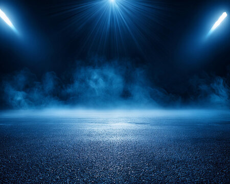 A studio area with neon lights, spotlights, and smoke creates an interior texture for product displays against the backdrop of a dark, deserted street with abstract blue asphalt.