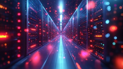 Poster - Futuristic Data Center with Neon Lights and Server Racks Emphasizing Cloud Computing and Data Connectivity