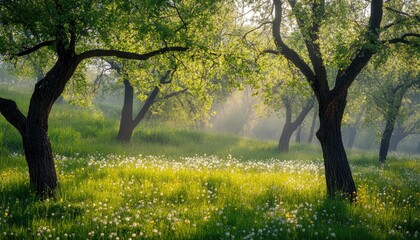 Poster - Beautiful spring background with blurred meadow grass and trees, dandelions on a sunny day. Spring landscape banner template with copy space. 