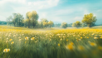 Poster - Beautiful spring background with blurred meadow grass and trees, dandelions on a sunny day. Spring landscape banner template with copy space. 