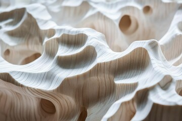 Wall Mural - Abstract wood sculpture; undulating, textured surface.