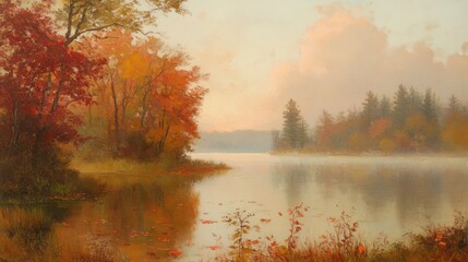 Wall Mural - Autumnal Serenity: A Misty Lake Reflecting Colorful Trees