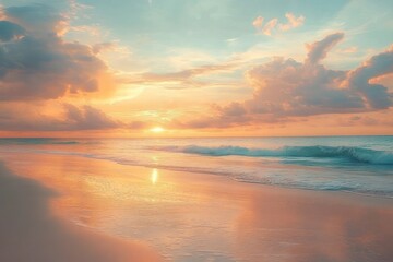 serene beach at sunset with golden light and gentle waves in tropical paradise landscape