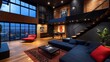 © 楠 刘 - A low ceiling, high garage style loft apartment living room with oak and black accents, blending European Scandinavian style with Brooklyn industrial design, embellished with gray blue and deep red