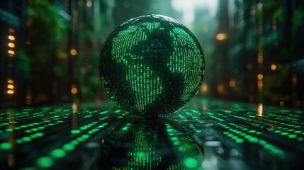 Aufkleber - Futuristic Digital Globe with Cascading Green Binary Code Representing Global Connectivity and Technology