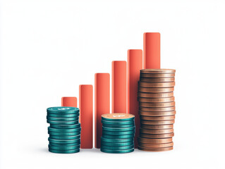 Poster - minimalist bar chart with stacks of coins representing financial growth. image features teal and copper coins alongside rising orange bars, symbolizing investment and profit