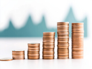 Poster - Stacks of coins representing financial growth and investment trends. image captures essence of increasing wealth and economic progress, with blurred background of bar chart