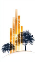 Poster - A stylized illustration featuring two trees alongside vertical golden bars, set against a minimalist background, symbolizing growth and harmony.