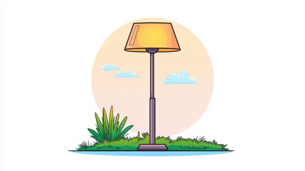 Poster - minimalist lamp stands on grassy area under soft sunset sky, surrounded by clouds and greenery, creating serene atmosphere