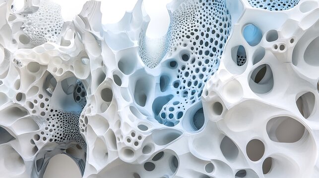 Abstract 3D rendering of a porous, organic structure with varying shades of white and blue.