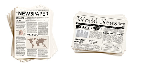 pile of newspapers on white background. stack of newspapers. paper waste. newspaper header footer. n