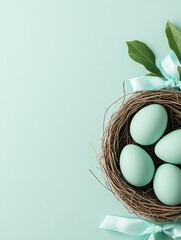 Happy Easter banner with easter eggs in nest and spring  flowers frame on blue background with copy space. Flat lay. Top view. Still life