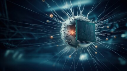 Aufkleber - Futuristic Digital Chip Surrounded by Radiating Energy and Data Streams in a High-Tech Environment for Innovative Technology Concepts