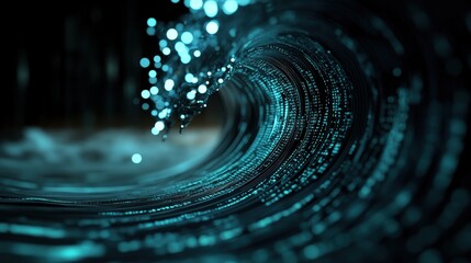 Poster - Dynamic Digital Wave Forming with Glowing Particles Representing Data Flow in a High-Tech Environment with Bokeh Effects and Rich Blue Tones