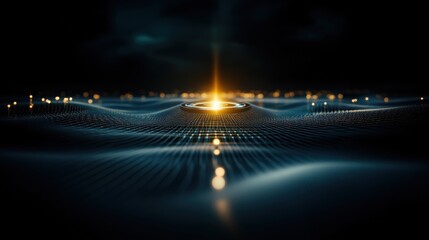 Fototapete - Abstract futuristic image showcasing luminous points emerging from a wave-like surface, creating a glowing center that symbolizes innovation and technology.