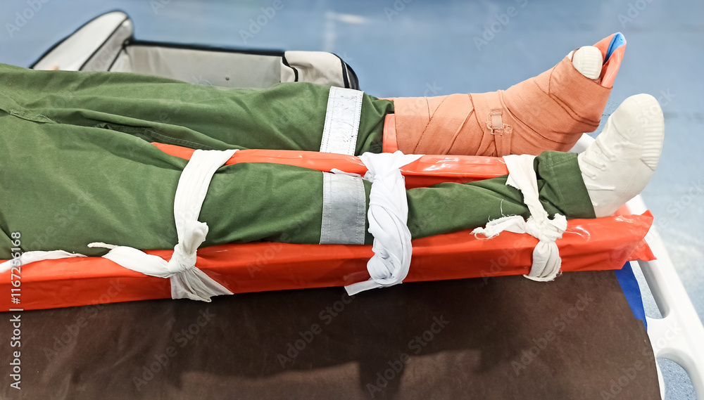 Splinter Injury Leg splinting a patient's leg with a broken leg using a wooden splint Stock ...