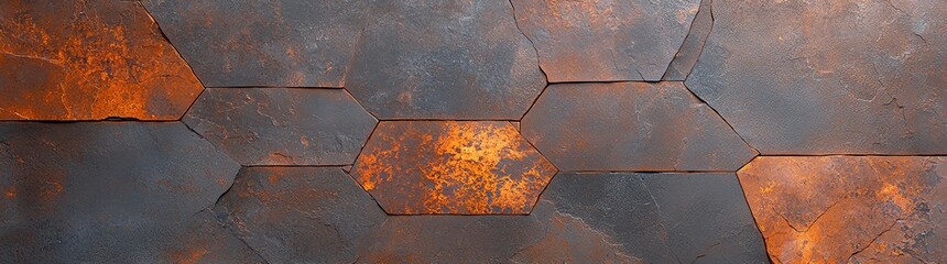 Poster - Abstract industrial hexagonal surface with rusty textures and metallic tones, creating a dramatic visual effect. Perfect for design purposes or background concepts.