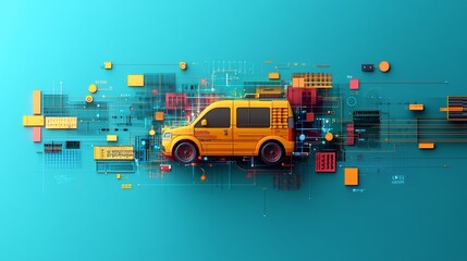 Poster - Yellow van on blue digital circuit board.