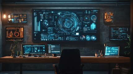 Poster - Dark tech workspace with digital monitors, data, and a desk.