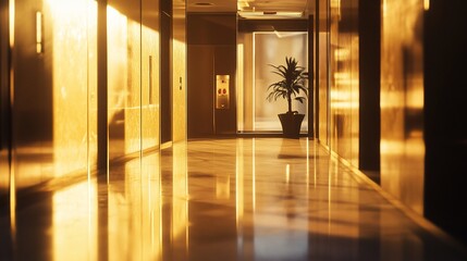 Aufkleber - Sunny, bright office hallway with potted plant.