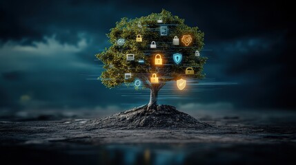 Aufkleber - Digital Security Tree with Technology Icons and Cyber Protection Symbols Surrounded by Dark Clouds and Empty Landscape in a Futuristic Conceptual Illustration