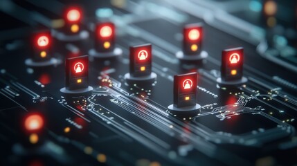 Poster - Abstract Representation of Digital Circuit Board with Red Warning Signs Illuminated Amidst Complex Electronics and Connections