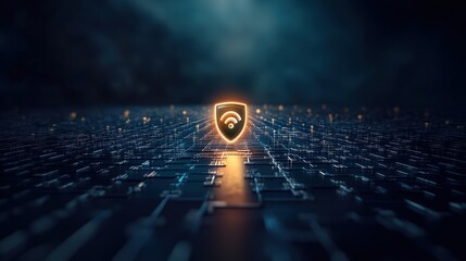 Poster - Stunning Conceptual Visual of a Shield Icon with Wi-Fi Signal Symbolizing Cybersecurity and Digital Protection Against Threats in a Futuristic Network Environment