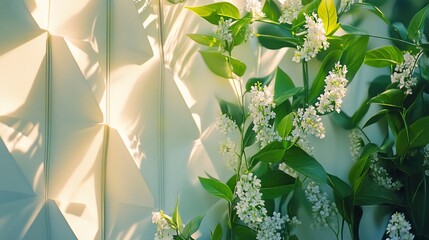 Poster - White blooms on geometric wall, light casting shadows.
