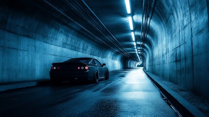 Aufkleber - Car entering dark blue tunnel with bright lights.