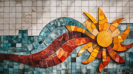 Poster - Sun and wave mosaic tile art on wall.