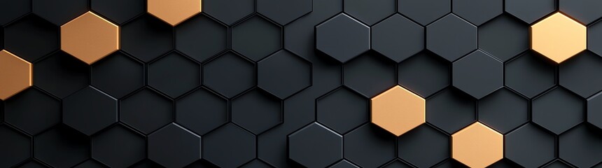 Poster - Abstract 3D hexagonal pattern with black and gold colors, creating a modern and futuristic design suitable for backgrounds and digital projects.
