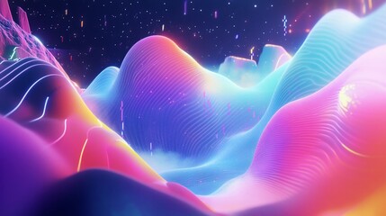 Aufkleber - Abstract landscape with wavy, vibrant neon hills.