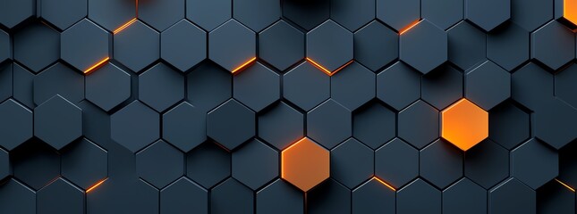 Poster - Abstract 3D hexagonal pattern with contrasting black and orange tones. Modern and futuristic design ideal for backgrounds, textures, or technology-themed projects.