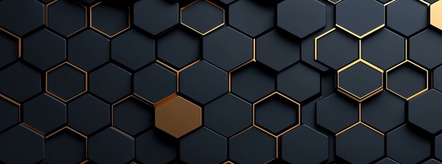 Poster - Abstract 3D geometric background of black and gold hexagons. Stylish, modern pattern with shadows and highlights, perfect for design, technology, or architectural concepts.