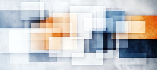 Poster - Abstract geometric composition in orange, blue, and white tones. Overlapping rectangles create a modern design, perfect for backgrounds or digital art projects.