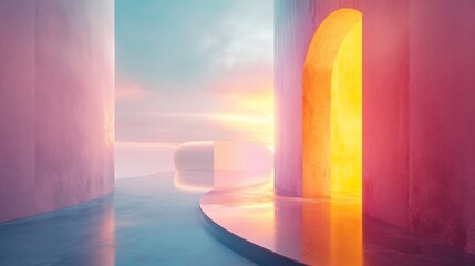 Aufkleber - Pink archway glows sunset, smooth floor reflects light.